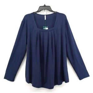Anyally Blouse Women Plus Size 3XL Dark Blue Long Sleeve Pleated Square Neck Top